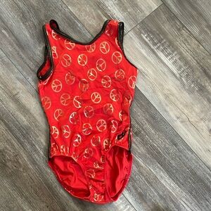 GK red and gold peace sign leotard child large